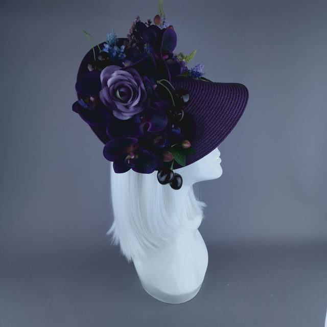 "Violet" Purple Orchid, Flowers & Cherry Fascinator Hat