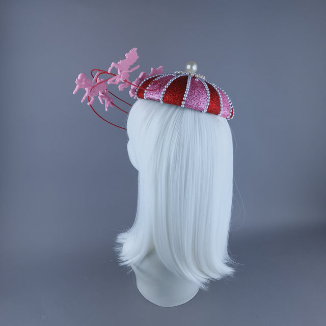 "Cirque Love" Pink, Red & Pearl Circus Carousel Wired Veil Hat