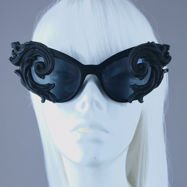 Pearls & Swine: Black Ornate Cat Eye Sunglasses with Filigree "Oriens"