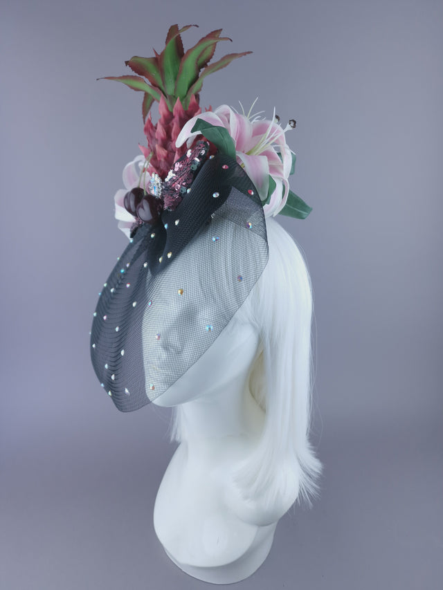 "Tuti" Pink Pineapple Flower Veil Fascinator