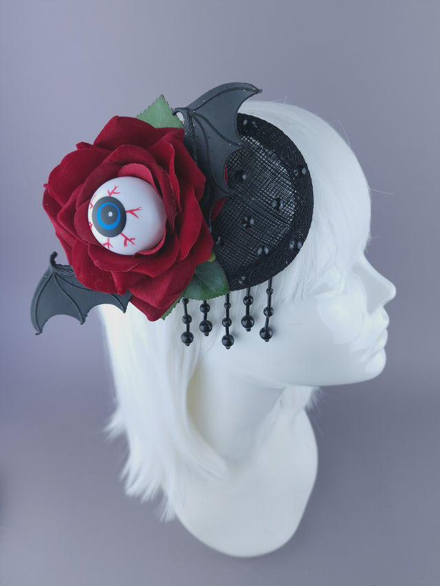 "Demiana" Red Rose, Eyeballs, Bat Wing Mini Fascinator