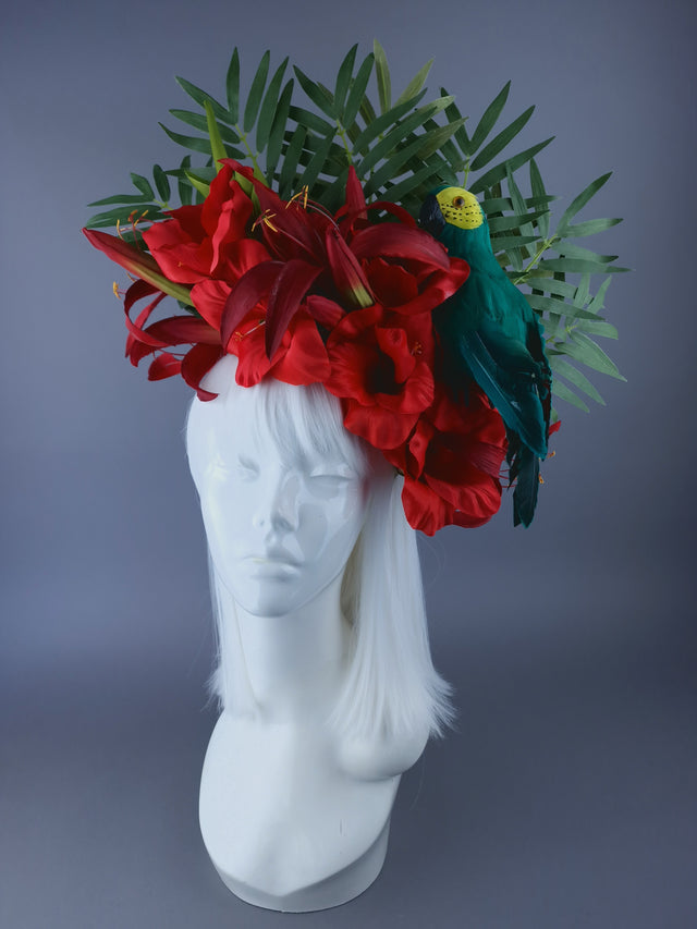 "Alamea" Tropical Red Flowers, Leaf & Parrot Headdress
