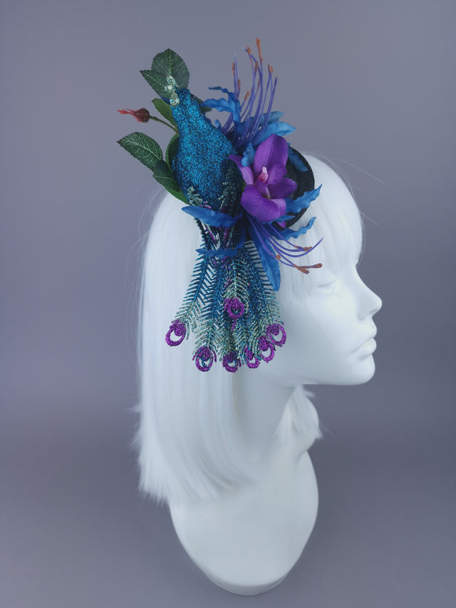 "Sumaru" Glittered Peacock & Flowers Mini Fascinator