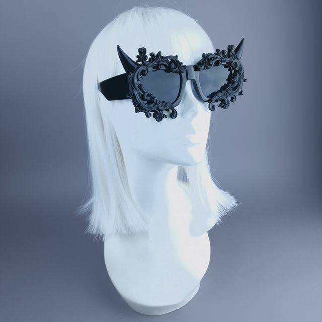 "Superbeast" Unisex Black Filigree Ornate Devil Horn Sunglasses