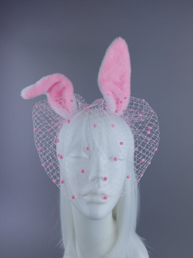 "Flopsy" Pink & White Bunny Ear Veil Headdress