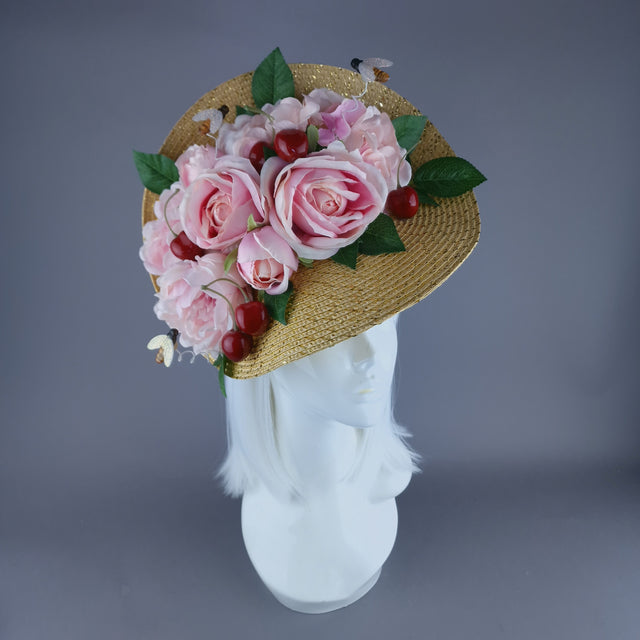 "Daphne" Pink Rose & Cherry Fascinator Hat