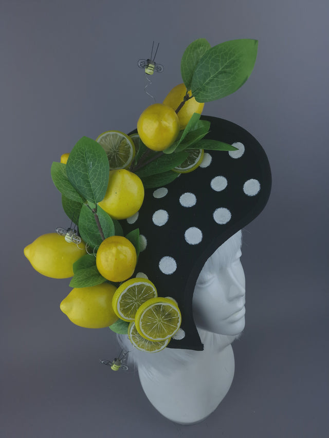 Pearls & Swine: Black & White Polka Dot Hat with Lemons & Bees "Sweet & Sour"