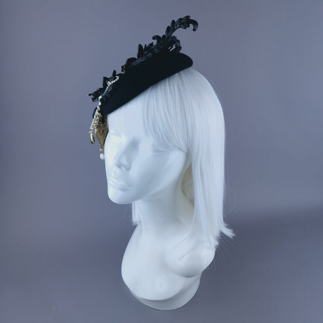 "Noir" Black Flower & Jewel Fascinator Hat