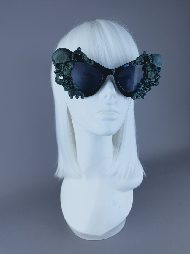 Pearls & Swine: Skull Cat Eye Sunglasses with Teal Filigree "Belial"