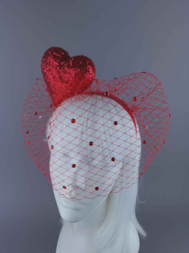 "Diletta" Red Glitter Heart Veil Headdress