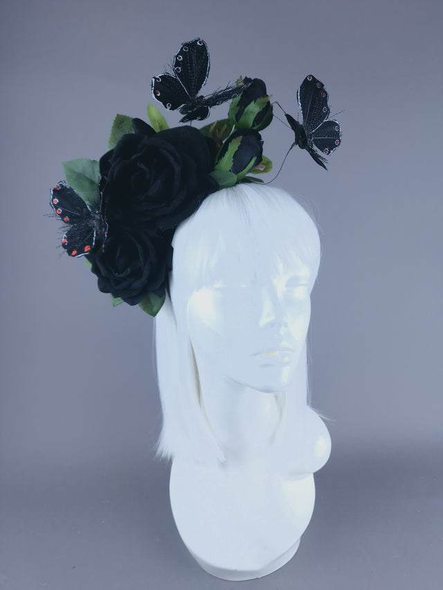"Devaki" Black Rose & Butterfly Flower Headdress