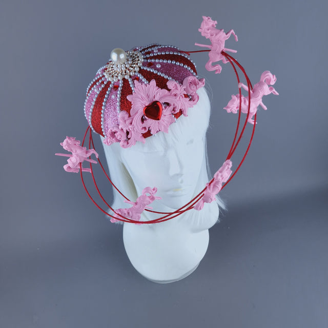 "Cirque Love" Pink, Red & Pearl Circus Carousel Wired Veil Hat