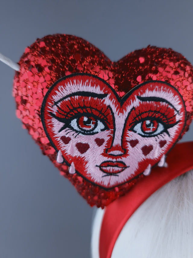 "Crush" Red Glitter Heart with Embroidery Face Headdress