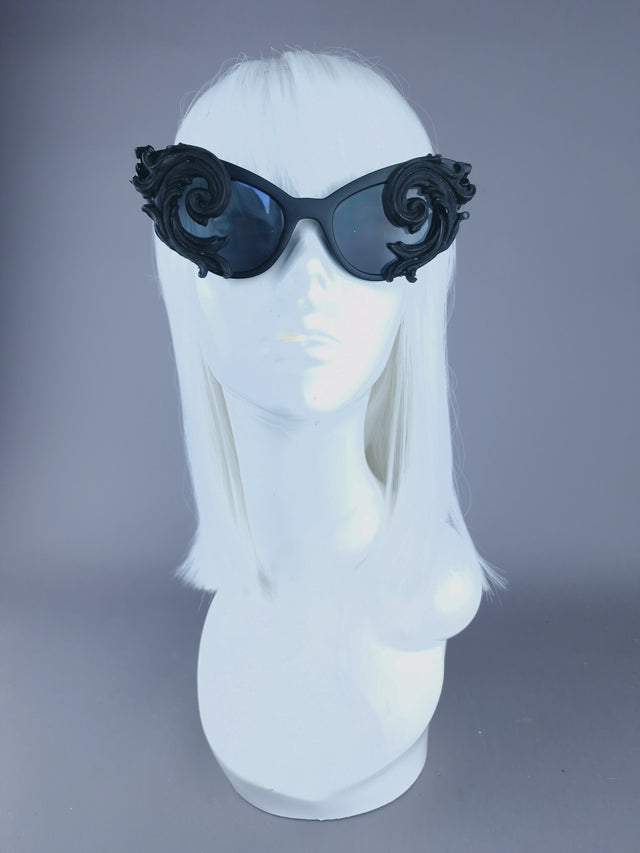 Pearls & Swine: Black Ornate Cat Eye Sunglasses with Filigree "Oriens"