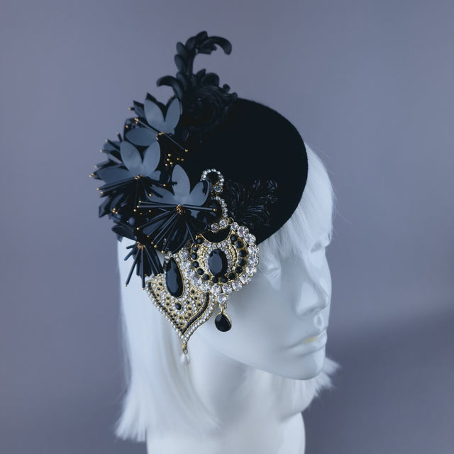 "Noir" Black Flower & Jewel Fascinator Hat