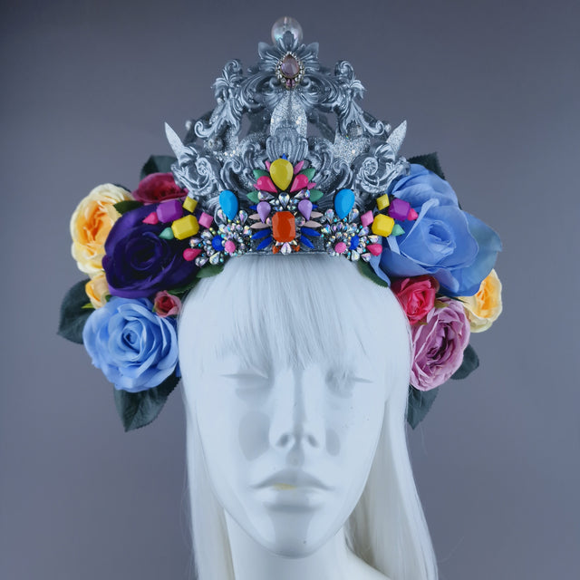 "Marie" Colourful Roses, Jewels & Silver Filigree Crown Headdress