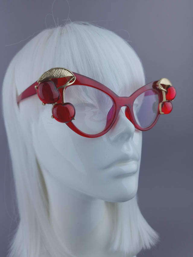 Pearls & Swine: Red Cherry Cateye Sunglasses with Clear or Prescription Lenses
