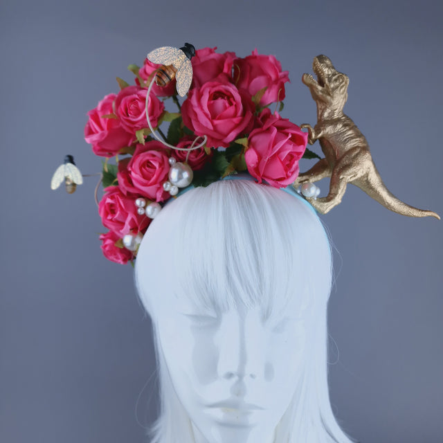 "Dainty" Dinosaur, Pearls & Pink Rose Headdress