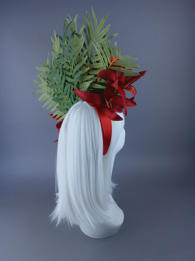 "Alamea" Tropical Red Flowers, Leaf & Parrot Headdress