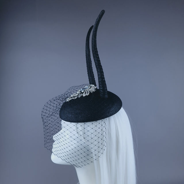 "Cernunnos" Black Glitter Horn & Veil Fascinator Hat