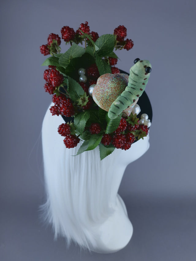 "Joy" Raspberries, Pearls, Mushroom & Caterpillar Fascinator Hat