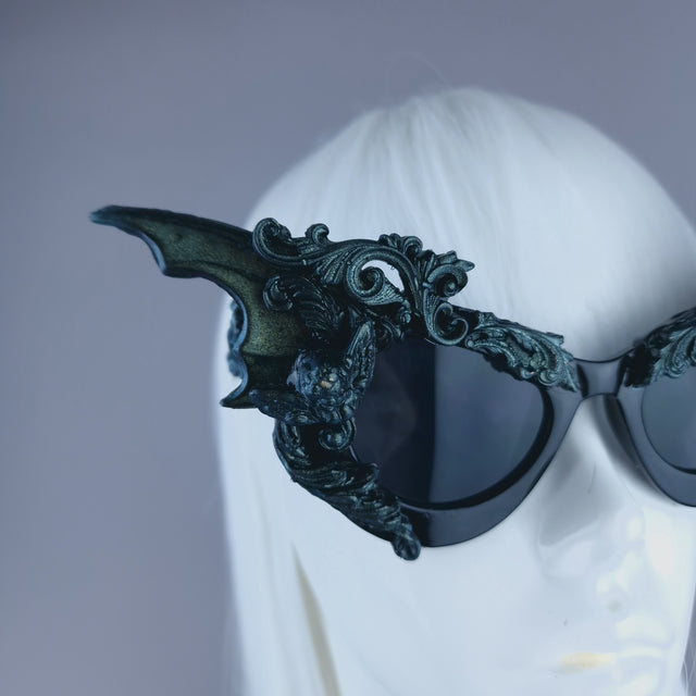 "Bathory" Iridescent Teal Filigree Ornate Bat Wing & Cherub Sunglasses