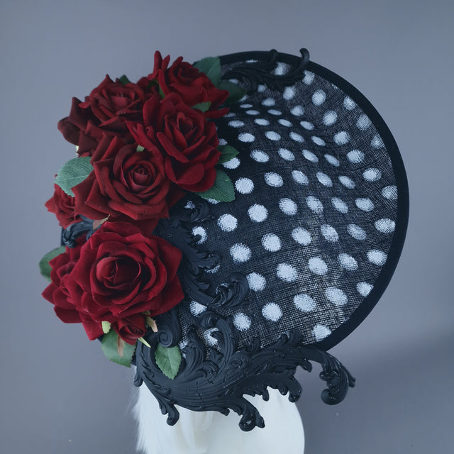"Alaric" Red Roses, Filigree Black & White Polka Dot Fascinator Hat