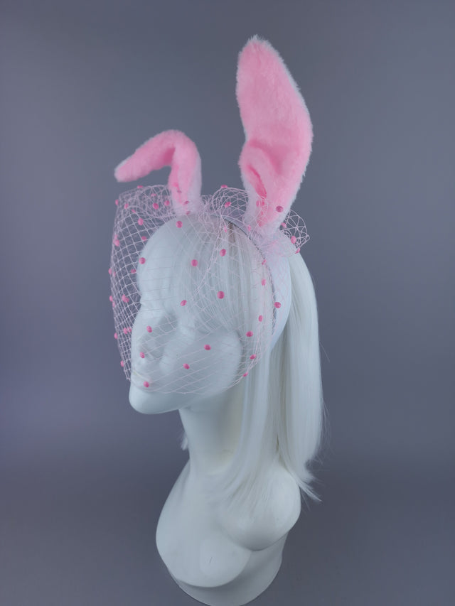 "Flopsy" Pink & White Bunny Ear Veil Headdress