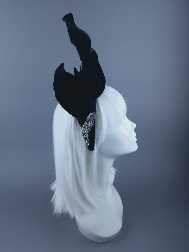 "Cristal" Black Velvet Leaf Headdress with Jewel