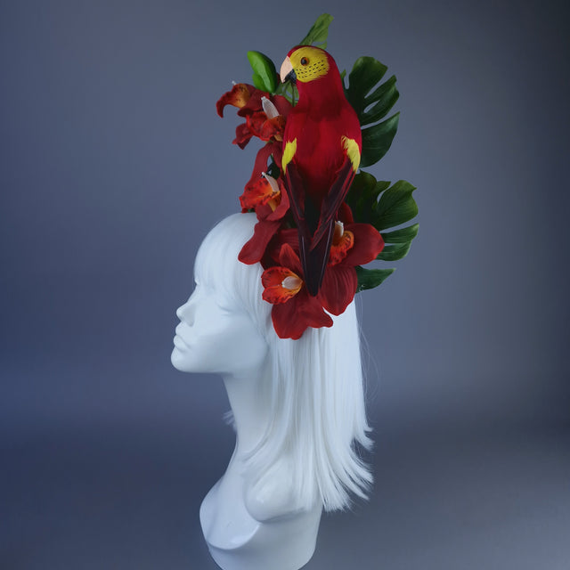 "Firdaus"Tropical Red Orchid, Leaf & Parrot Headdress