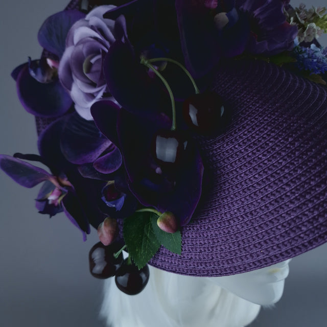 "Violet" Purple Orchid, Flowers & Cherry Fascinator Hat