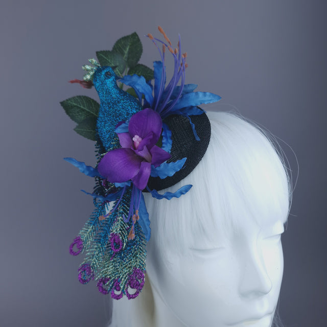 "Sumaru" Glittered Peacock & Flowers Mini Fascinator