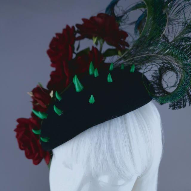 "L'Air Du Temps" Red Rose, Feather & Thorns Fascinator Hat