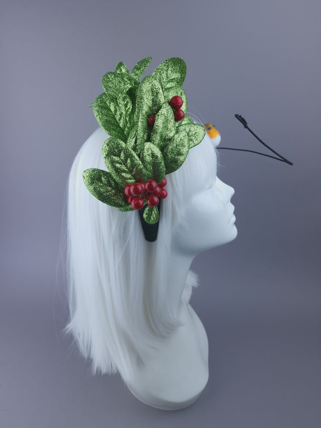 Pearls & Swine: Christmas Headdress with Glittered Leaves, Berries & Robins