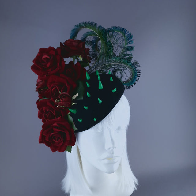 "L'Air Du Temps" Red Rose, Feather & Thorns Fascinator Hat