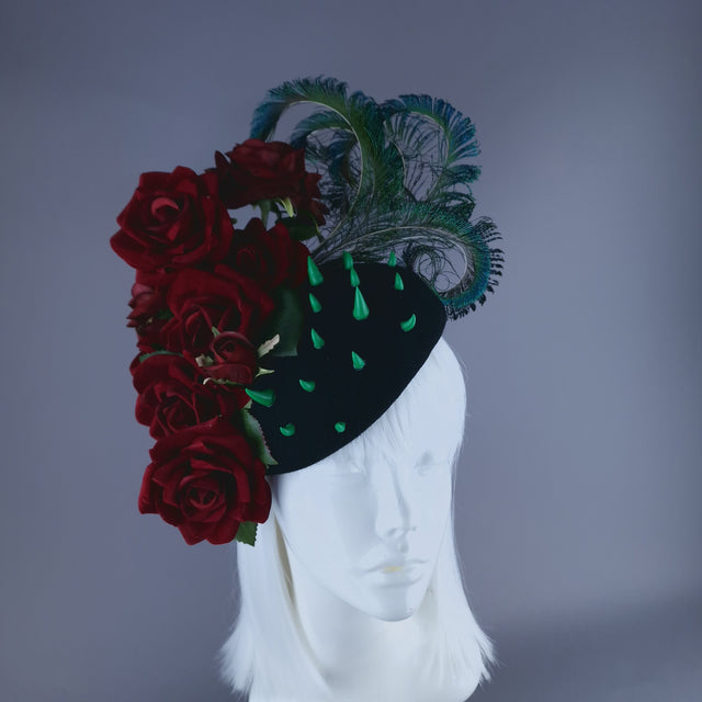 "L'Air Du Temps" Red Rose, Feather & Thorns Fascinator Hat