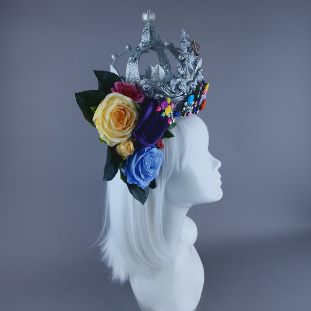 "Marie" Colourful Roses, Jewels & Silver Filigree Crown Headdress