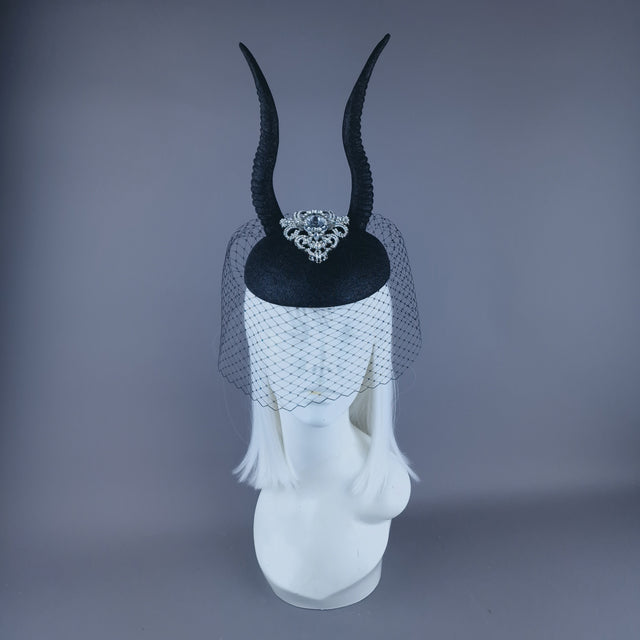 "Cernunnos" Black Glitter Horn & Veil Fascinator Hat