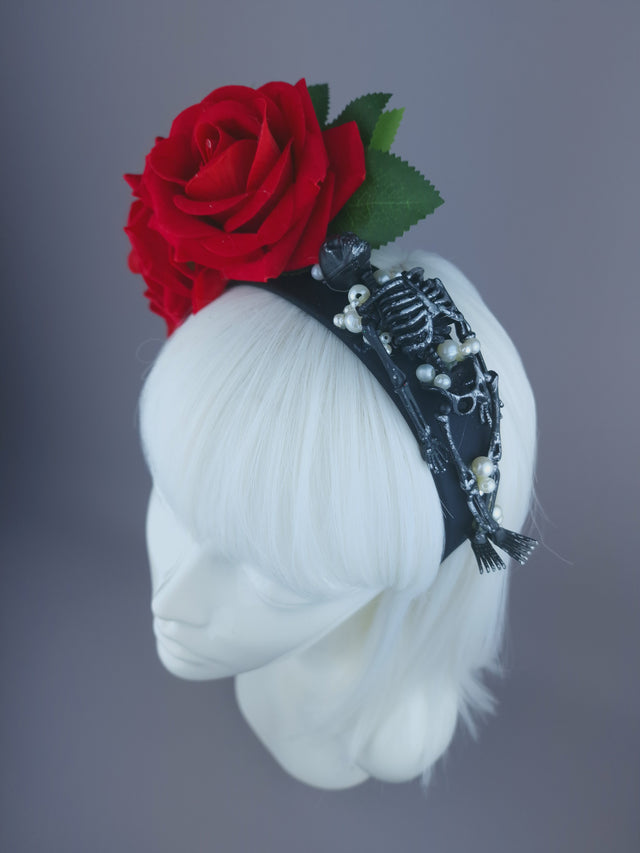 Pearls & Swine: Red Rose, Pearls & Skeleton Headband Headpiece "Buried"
