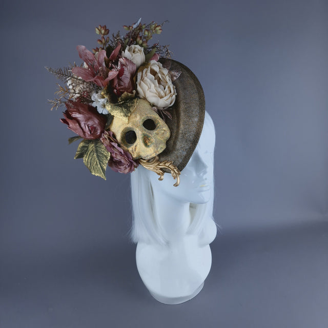 "Asura" Skull & Flower Gold & Brown Fascinator Hat
