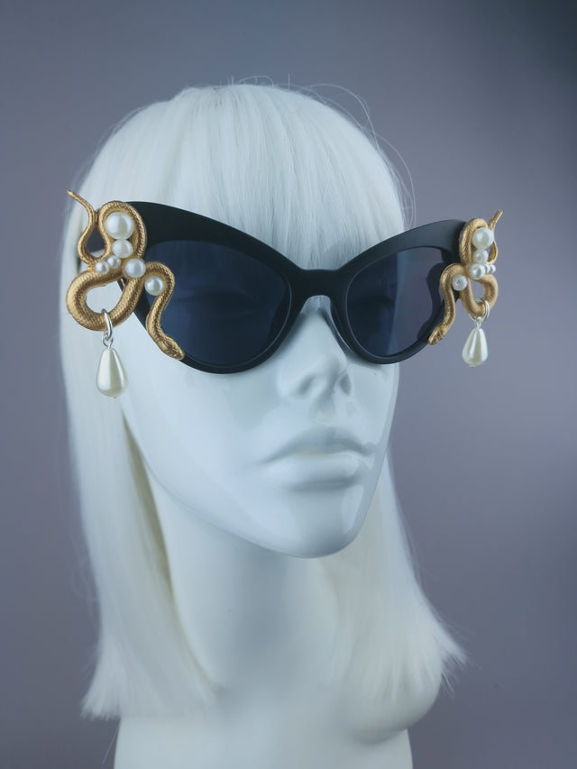 Pearls & Swine: Gold & Pearl Snake Black Sunglasses "Beguile"