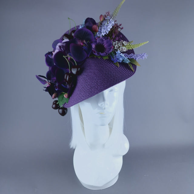 "Violet" Purple Orchid, Flowers & Cherry Fascinator Hat