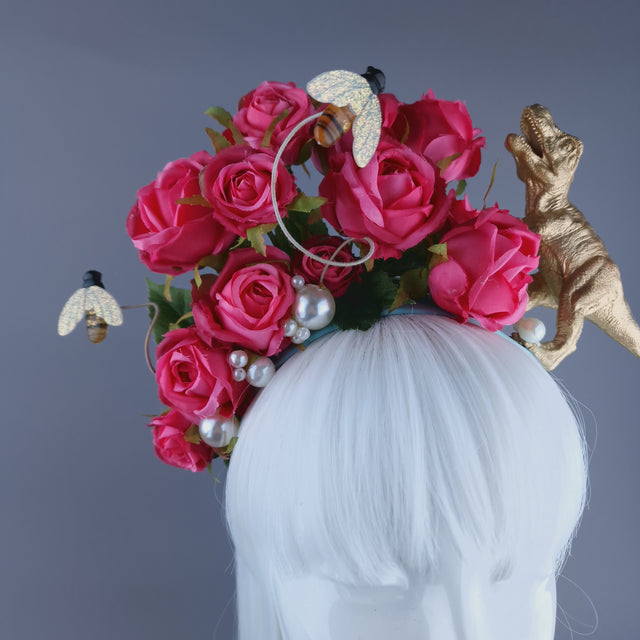 "Dainty" Dinosaur, Pearls & Pink Rose Headdress