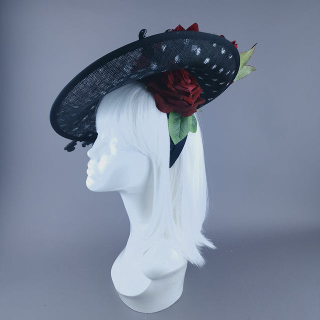 "Alaric" Red Roses, Filigree Black & White Polka Dot Fascinator Hat