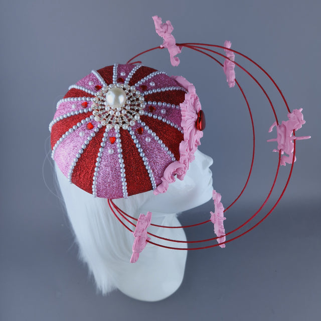 "Cirque Love" Pink, Red & Pearl Circus Carousel Wired Veil Hat