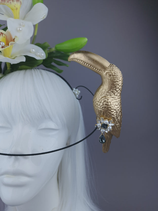Pearls & Swine: Maximalist Ivory Orchid Floral Headpiece with Toucan
