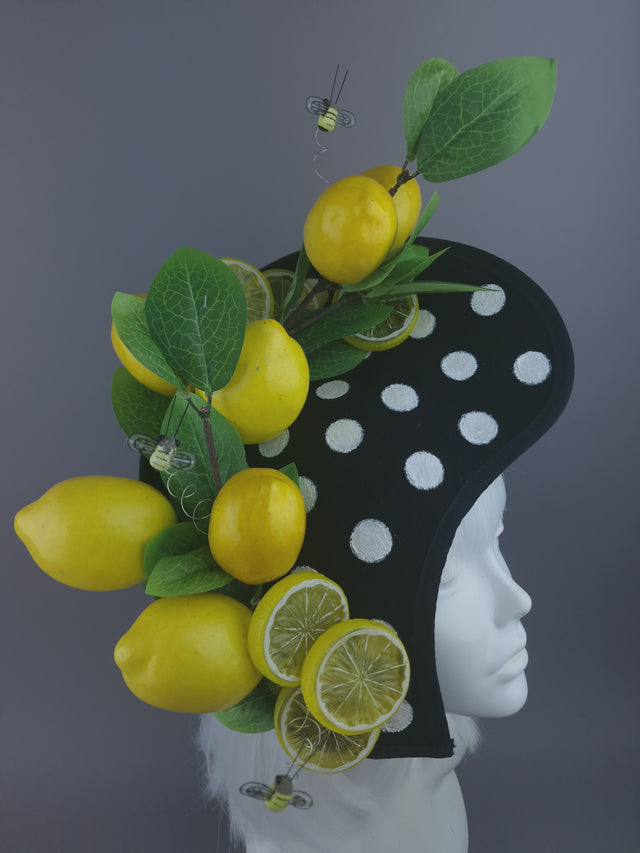 Pearls & Swine: Black & White Polka Dot Hat with Lemons & Bees "Sweet & Sour"