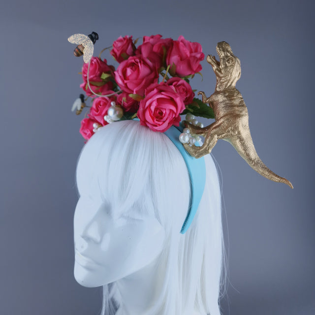"Dainty" Dinosaur, Pearls & Pink Rose Headdress
