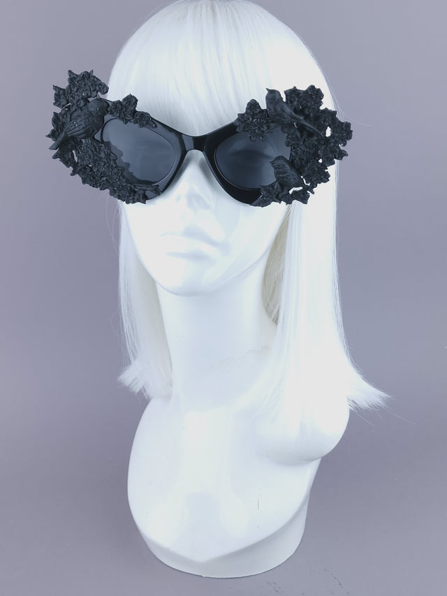 "Lilith" Black Bird & Flowers Filigree Catseye Sunglasses