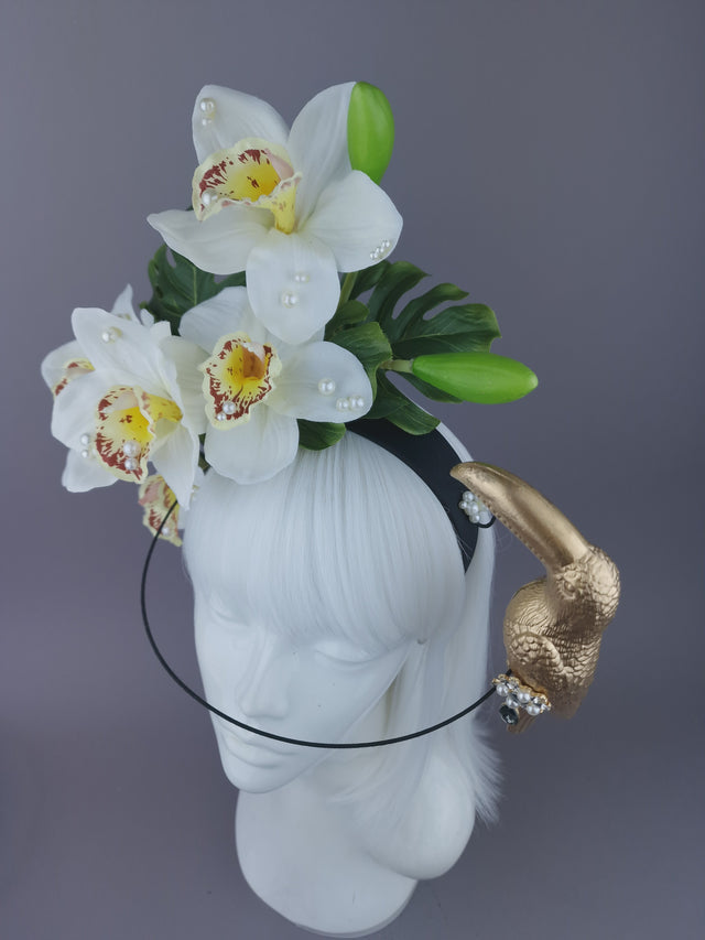 Pearls & Swine: Maximalist Ivory Orchid Floral Headpiece with Toucan